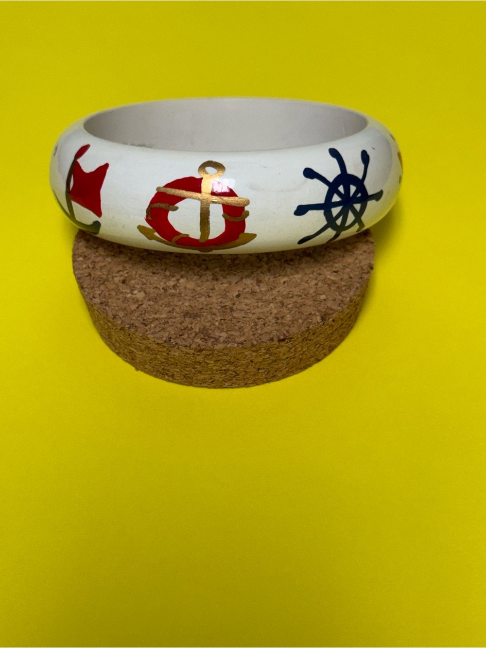 Nautical White Painted Bangle with Red, Gold & Navy Motifs